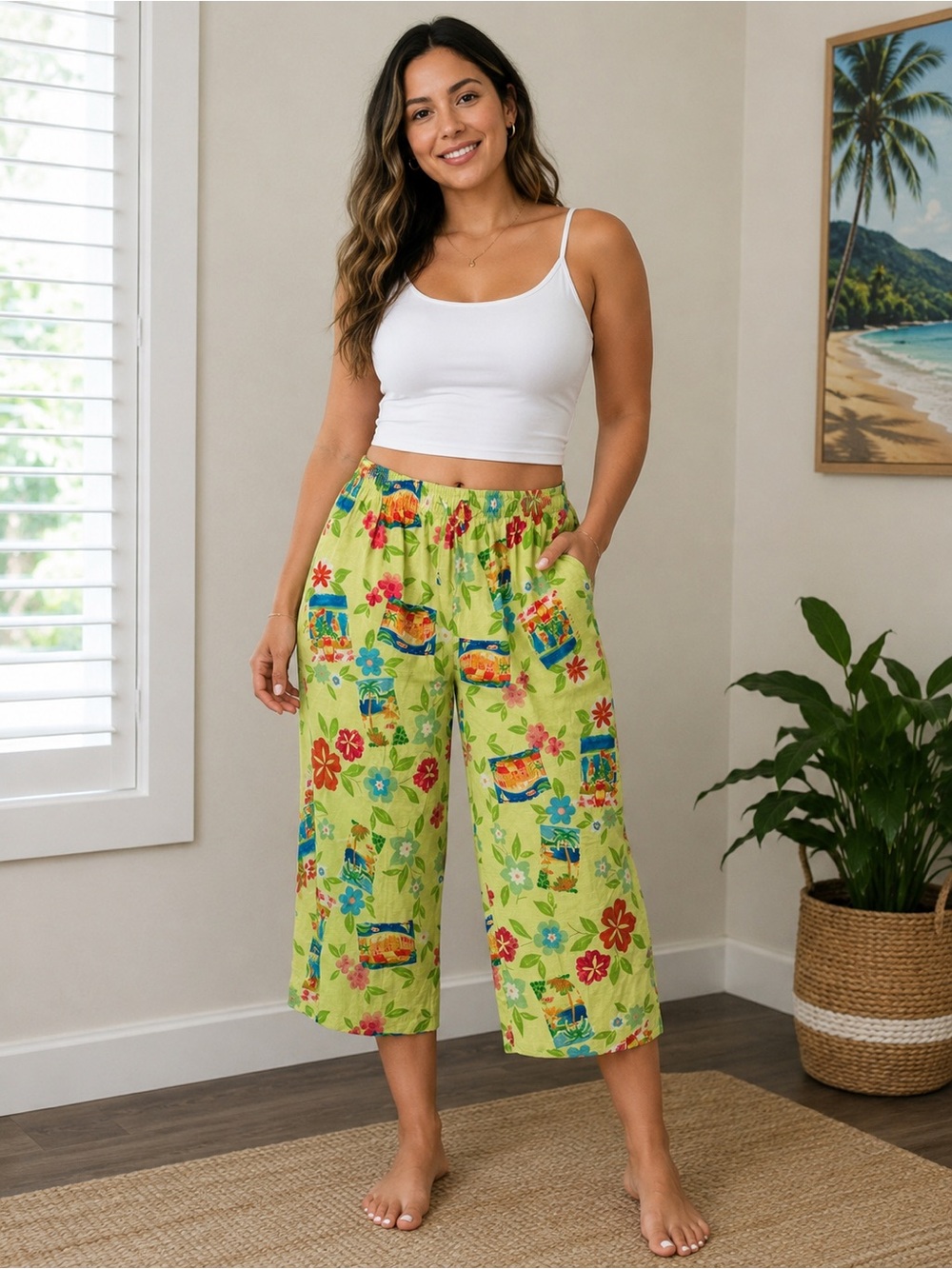 Palm Grove Floral Print Crop Pants - Yellow Multicolor with Pockets Size Large